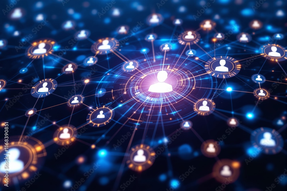 Poster bright interconnected network of people icons on a digital background.