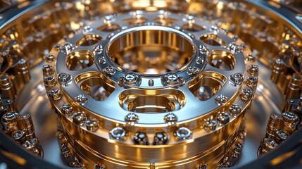 Abstract gold and silver metallic gear mechanism.