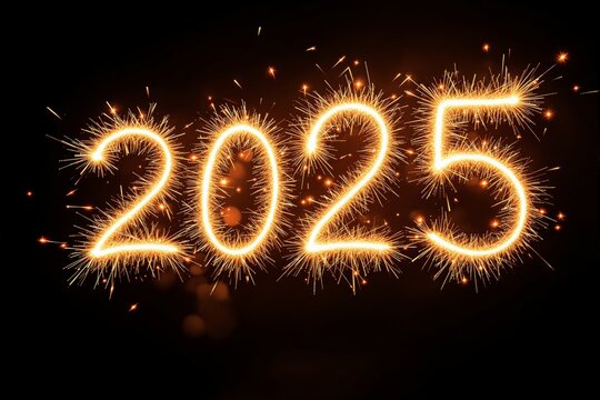 Bright golden "2025" in sparkler style on dark background. - Powered by Adobe