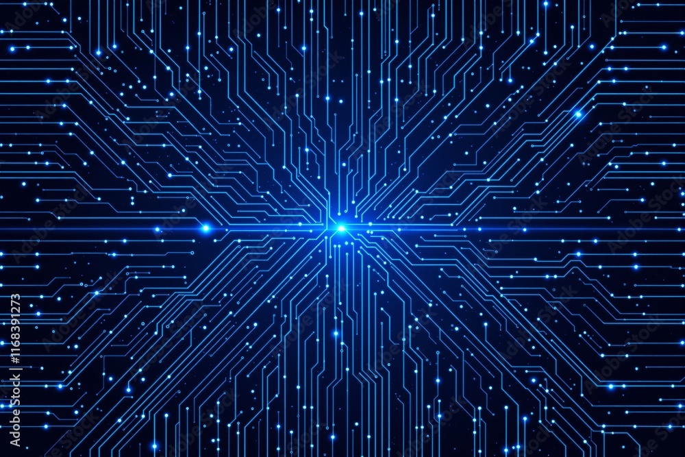 Poster abstract background of glowing blue circuitry on a dark surface.
