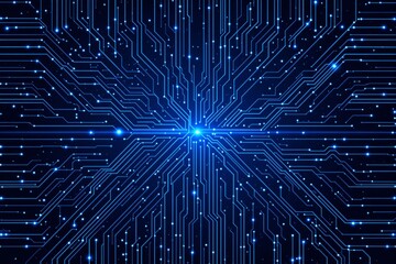 Abstract background of glowing blue circuitry on a dark surface.