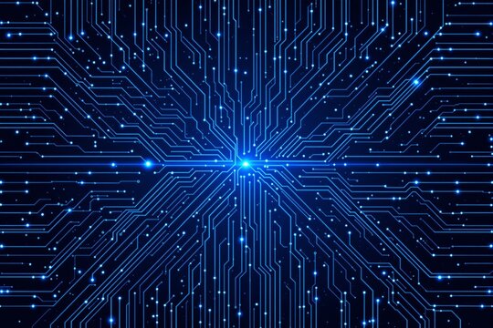 Abstract background of glowing blue circuitry on a dark surface.