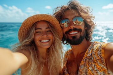 Happy Retired Couple Taking Selfie Together by the Ocean in Bahia El Salvador
