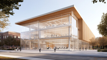 Obraz premium Modern glass building with wooden accents, showcasing spacious interior and outdoor landscaping. design emphasizes transparency and collaboration