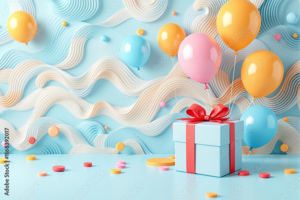 Poster gift box with balloons and colorful decor on a wavy abstract background.