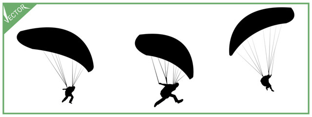 Skydiving set black silhouette. Paragliding. Parachute. Extreme sports.