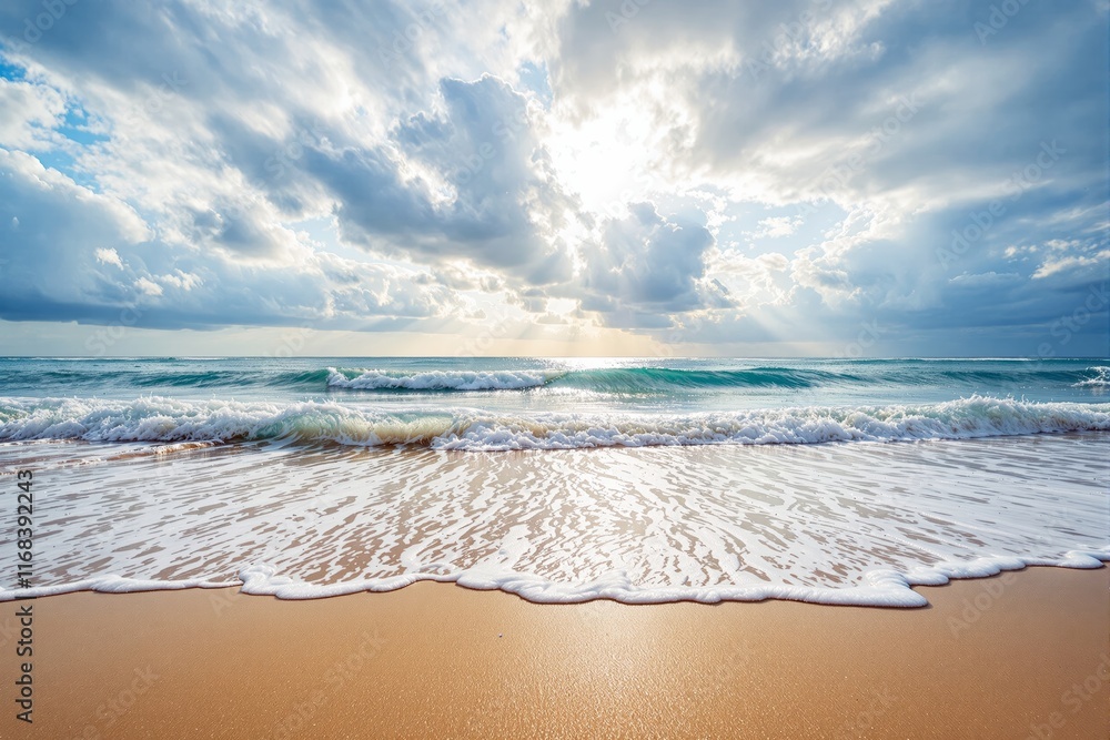 Poster beautiful ocean waves with sun rays breaking through clouds in a serene seascape.