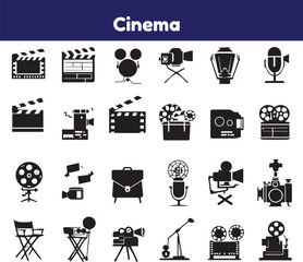 Video player icon set. Containing play or start button, pause or stop, media, camera, live, cinema, multimedia, film, handycam, clapperboard, movie, streaming or online video. Vector illustration
