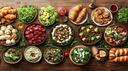 Abundant gourmet food spread with salads, pastries, and dips.