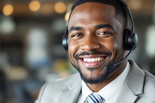 Smiling customer service representative wearing a headset in an office setting.