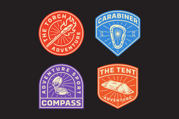 torch, tunnel camping tent, aiming compass, carabiner D shape, flambeau, navigation retro badge logo vector design collection set for adventure, explorer, mountaineer, hiker and climber