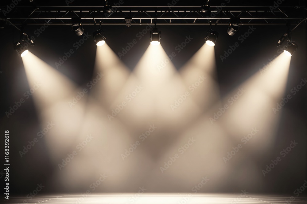 Poster stage spotlights illuminating an empty platform on a dark background.