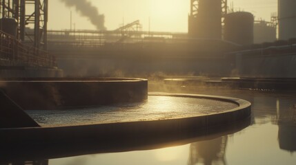 Fototapeta premium Industrial Landscape with Water and Smoke at Sunrise