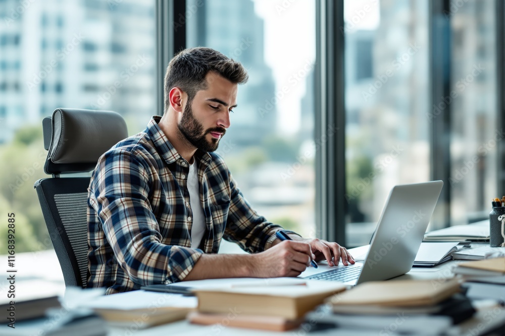 Aufkleber focused young man working on a laptop in a modern office with large windows in the background.