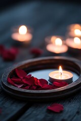 valentine oval empty frame surrounded by candles and soft red petals