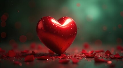 Heart in red tones on bright green bokeh background symbolizing love valentines day weddings