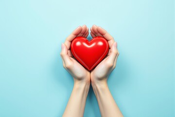 Obraz premium Hands holding a red heart on a blue background, symbolizing care and love.