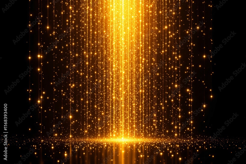 Aufkleber golden light particles falling in vertical streams on a dark background.