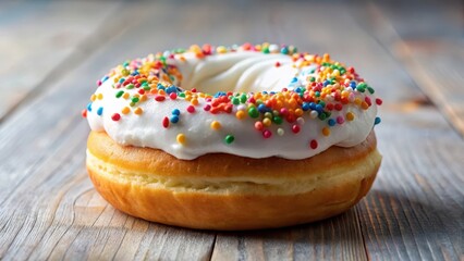 A colorful donut with a generous dollop of whipped cream and sprinkles on top, food decoration