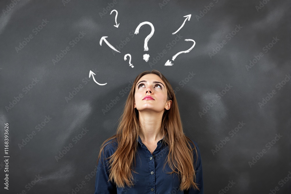 Poster thoughtful woman looking up with question marks and arrows on chalkboard background.