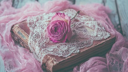 Moody Romantic Composition with Lace Hearts, Vintage Book, and Dried Rose - Valentine Artwork Concept