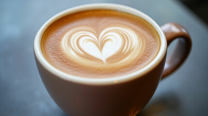 A smooth latte art showcasing a delicate heart design in a cozy café on a serene afternoon