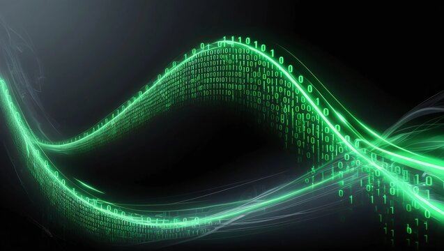 AI GENERATE, Digital wave of binary code in green and black, resembling a futuristic data flow