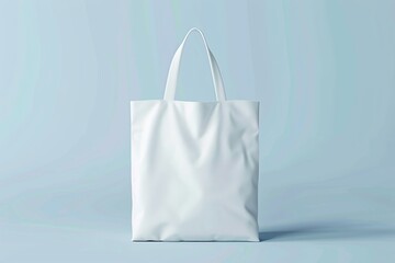 Blank white tote bag mockup on light blue background.