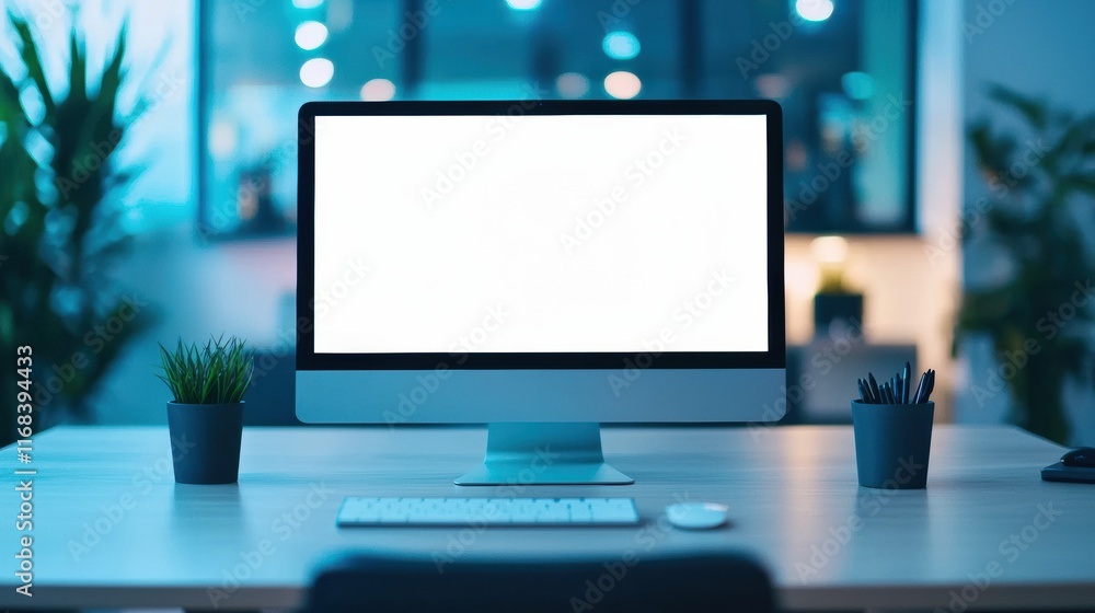 Poster desktop computer with blank screen in dimly lit office at night