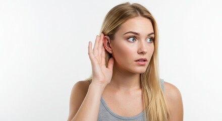 Fototapeta premium Woman Listening with Hand to Ear on White Background. Concept of Hearing Problem. Suitable for Health and Communication Topics.