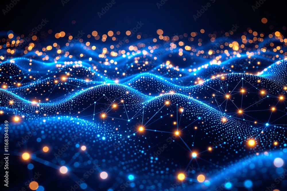 Poster abstract glowing network of blue and orange dots on dark background.