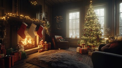 Obraz premium A festive living room decorated for Christmas with stockings, a tree glowing with fairy lights, and gifts