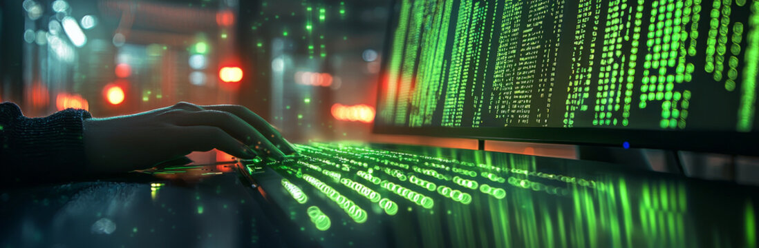 Hacker person typing on keyboard with green digital data on screen, creating tech savvy atmosphere