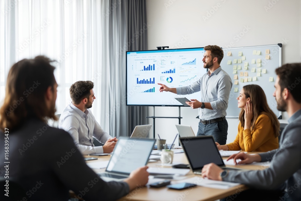 Poster business meeting with a creative team analyzing data on a large screen in a modern office setting.