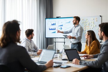 Business meeting with a creative team analyzing data on a large screen in a modern office setting.
