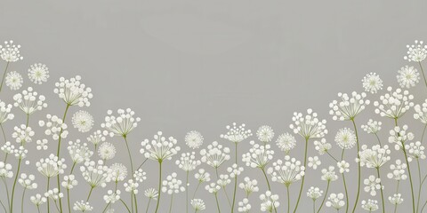 Minimalist and elegant floral pattern with simple shapes and lines featuring delicate white flowers against a subtle gray background, floral pattern, clean lines