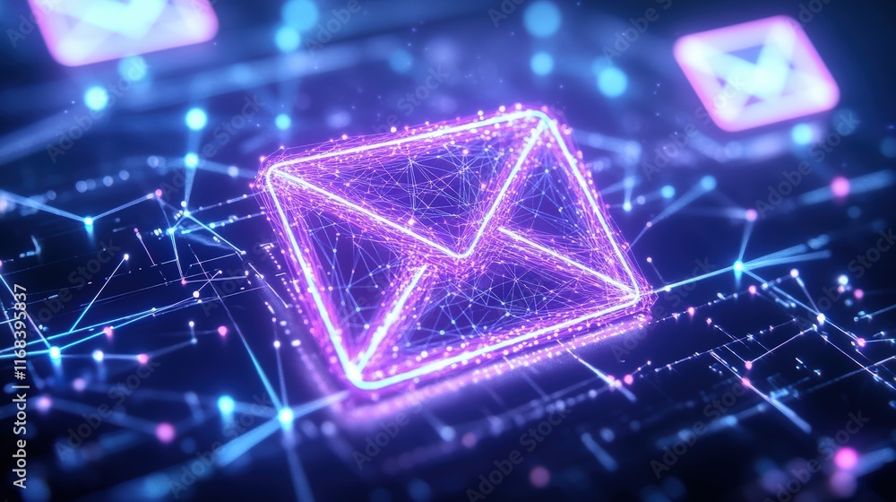 Poster digital communication: a glowing, abstract email symbol embedded in a network of interconnected dots