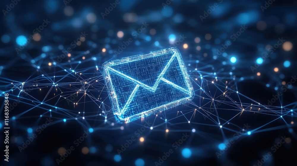 Poster digital email network: abstract glowing blue email icon on a dark background, surrounded by a networ