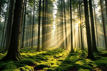 Obraz premium Sunlit forest with lush greenery and radiant beams filtering through tall trees creating a serene natural atmosphere.