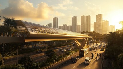 Fototapeta premium Modern Cityscape at Sunset with Elevated Walkway