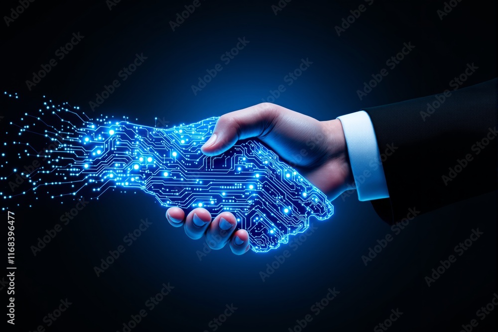 Poster handshake between human and digital hand with circuit design on dark background, glowing blue light 