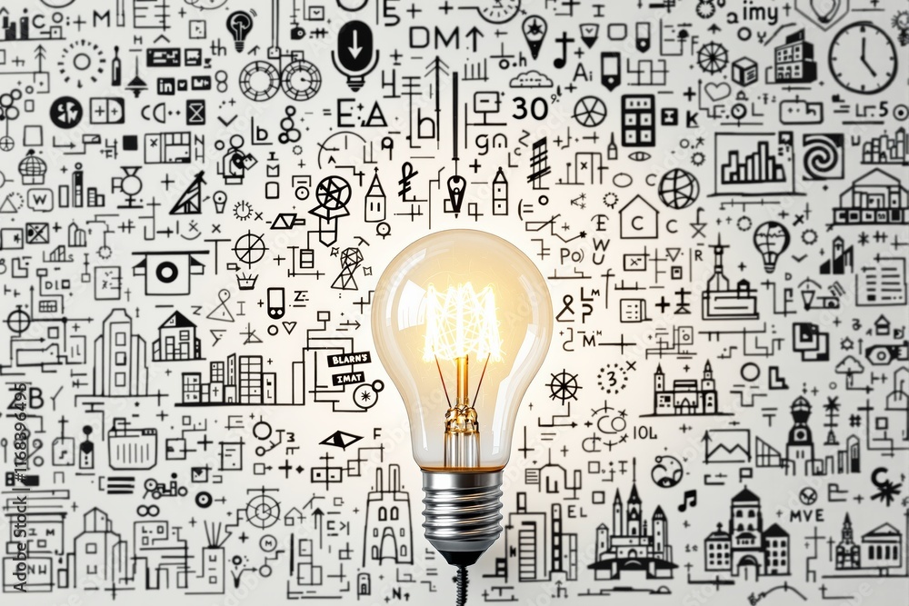 Poster illuminated light bulb with creative doodles on abstract white background.