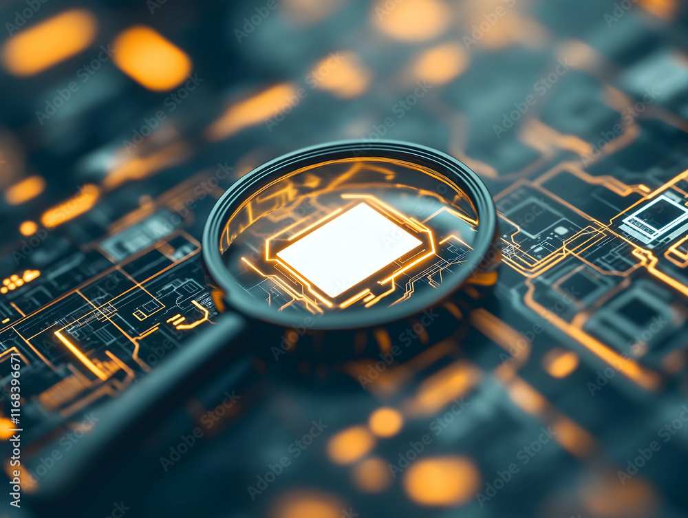 Aufkleber a close-up view of a computer chip with a magnifying glass, showcasing intricate circuit patterns an