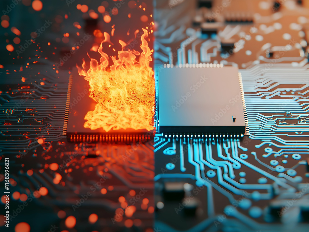 Aufkleber a visually striking image showing a microchip split between flames and cool circuitry, symbolizing t