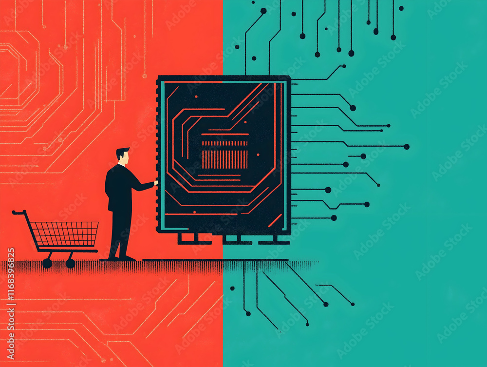 Poster a person stands next to a digital circuit board, symbolizing the intersection of technology and comm