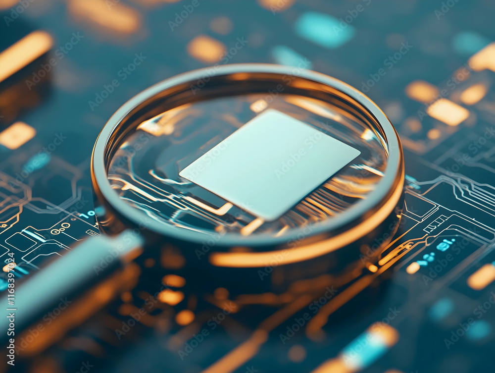 Poster a close-up view of a magnifying glass over a microchip on a circuit board, highlighting technology a