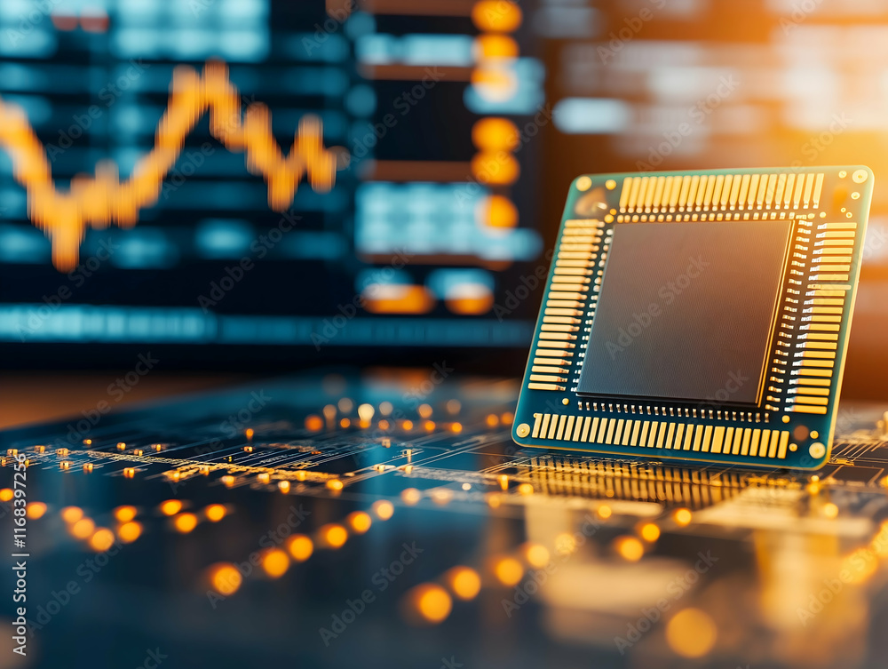 Aufkleber a close-up of a microchip on a circuit board, with financial graphs displayed in the blurred backgro