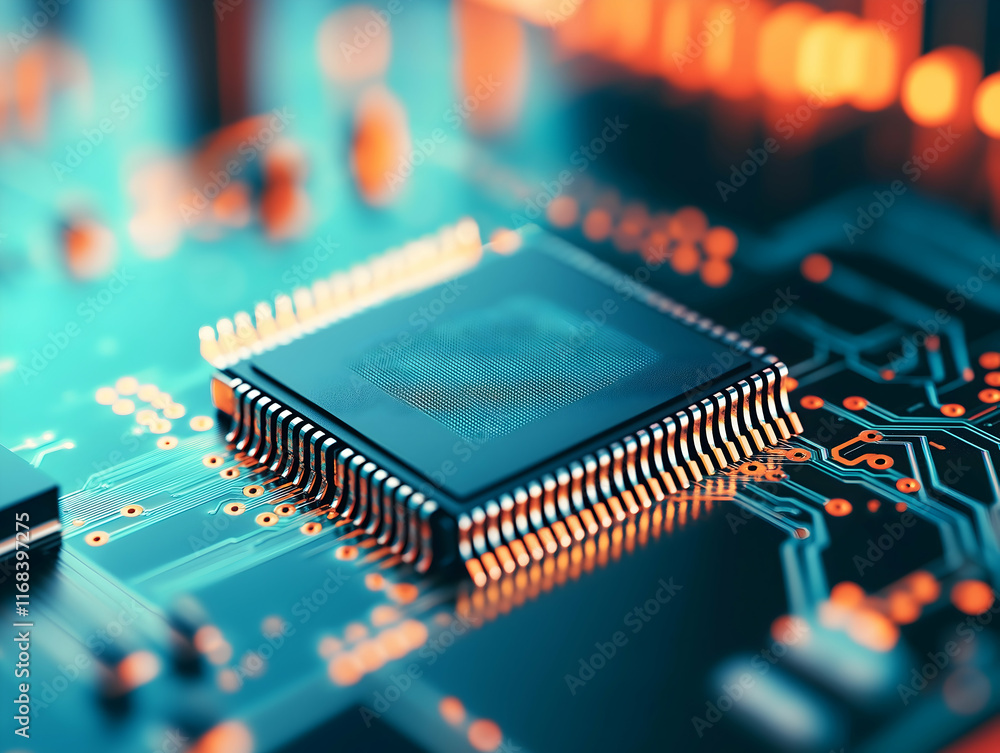 Poster a detailed close-up of a microchip on a circuit board, showcasing intricate patterns and vibrant col