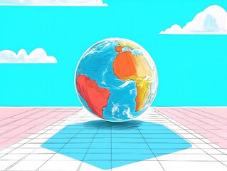 Vibrant Earth Illustration: Boldly Drawn Globe on Retro-Style Platform. AI Generated