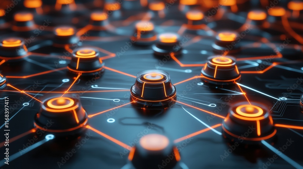 Poster a futuristic circuit board with glowing nodes and data pathways, symbolic of advanced technology